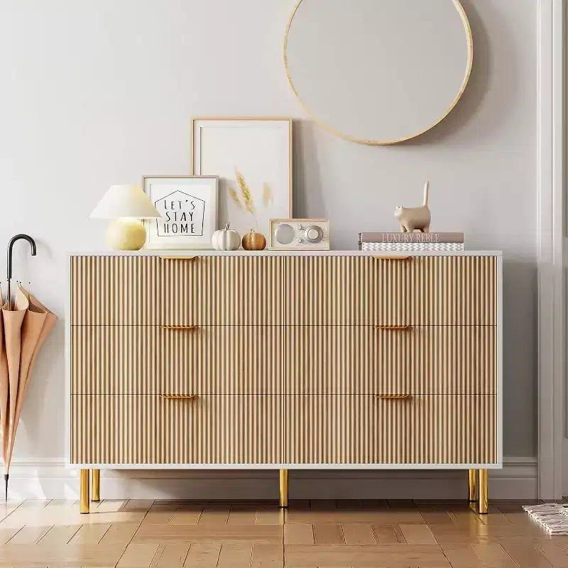 Cómoda de 6 cajones para dormitorio, organizador de almacenamiento moderno de madera, con tiradores metálicos dorados y dispositivo antivuelco, para sala de estar