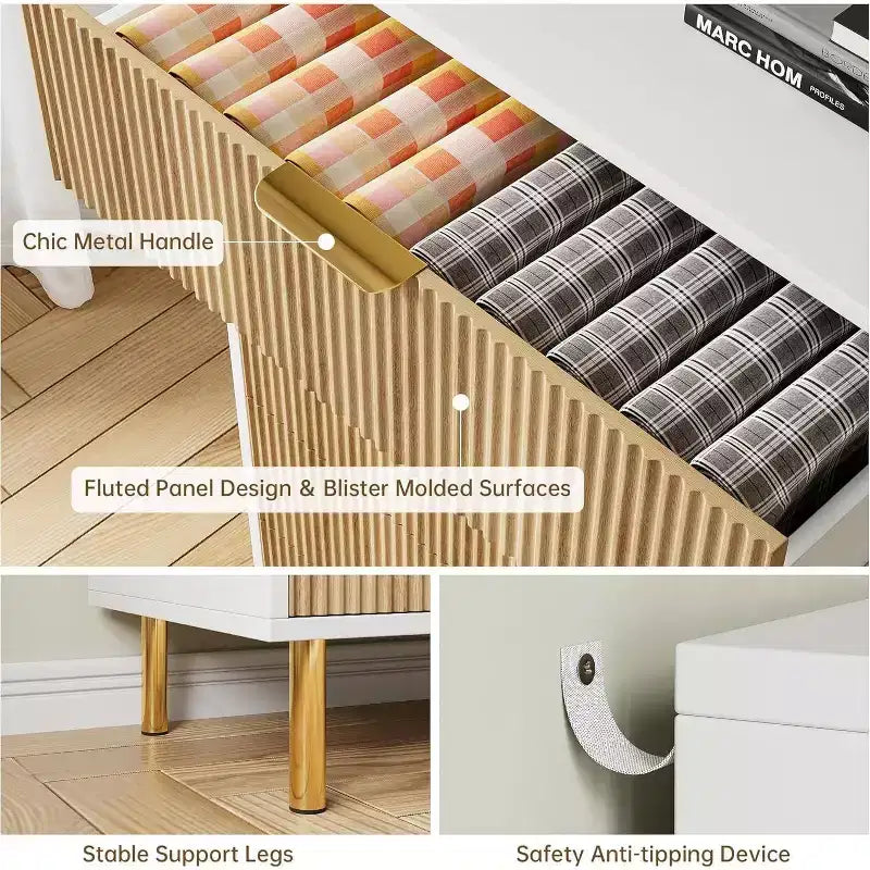 Cómoda de 6 cajones para dormitorio, organizador de almacenamiento moderno de madera, con tiradores metálicos dorados y dispositivo antivuelco, para sala de estar