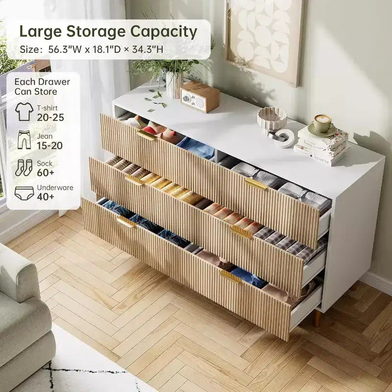 Cómoda de 6 cajones para dormitorio, organizador de almacenamiento moderno de madera, con tiradores metálicos dorados y dispositivo antivuelco, para sala de estar