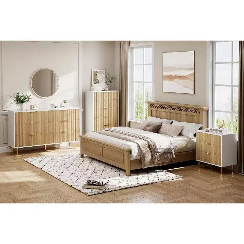 Cómoda de 6 cajones para dormitorio, organizador de almacenamiento moderno de madera, con tiradores metálicos dorados y dispositivo antivuelco, para sala de estar