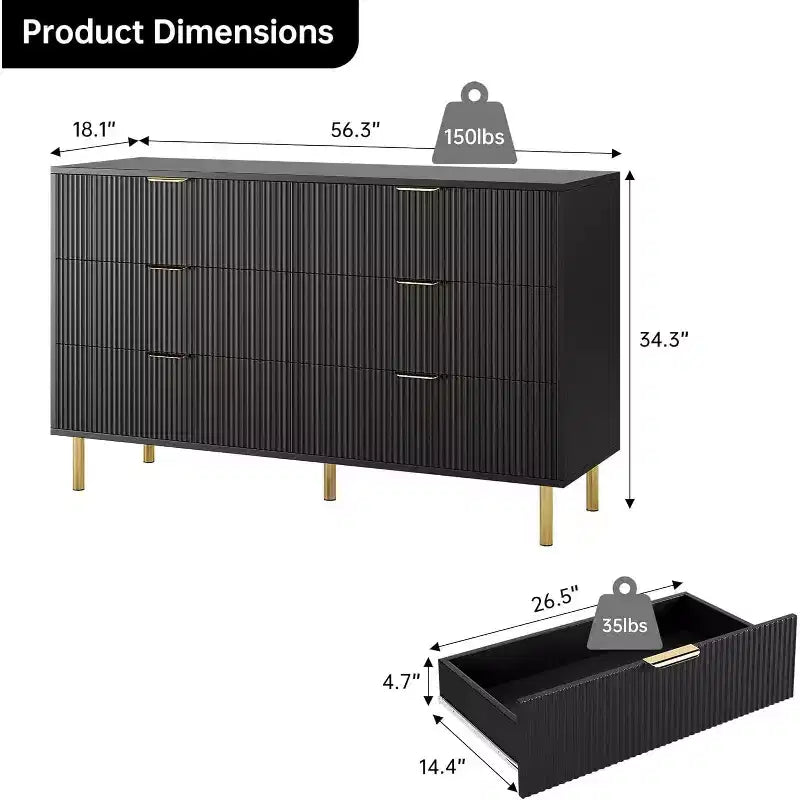 Cómoda de 6 cajones para dormitorio, organizador de almacenamiento moderno de madera, con tiradores metálicos dorados y dispositivo antivuelco, para sala de estar