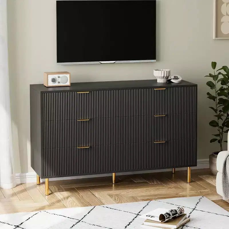 Commode à 6 tiroirs pour chambre, commode de rangement moderne en bois avec poignées en métal doré et dispositif anti-basculement, pour le salon