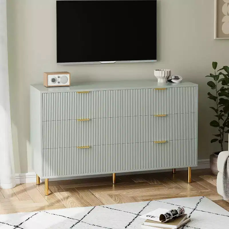 Commode à 6 tiroirs pour chambre, commode de rangement moderne en bois avec poignées en métal doré et dispositif anti-basculement, pour le salon