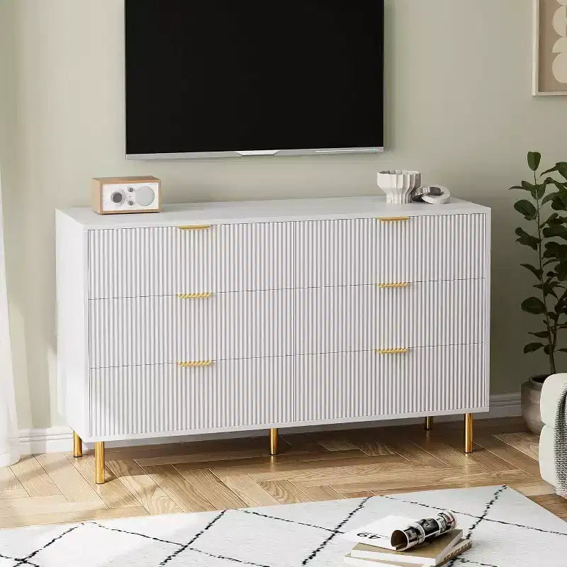Commode à 6 tiroirs pour chambre, commode de rangement moderne en bois avec poignées en métal doré et dispositif anti-basculement, pour le salon