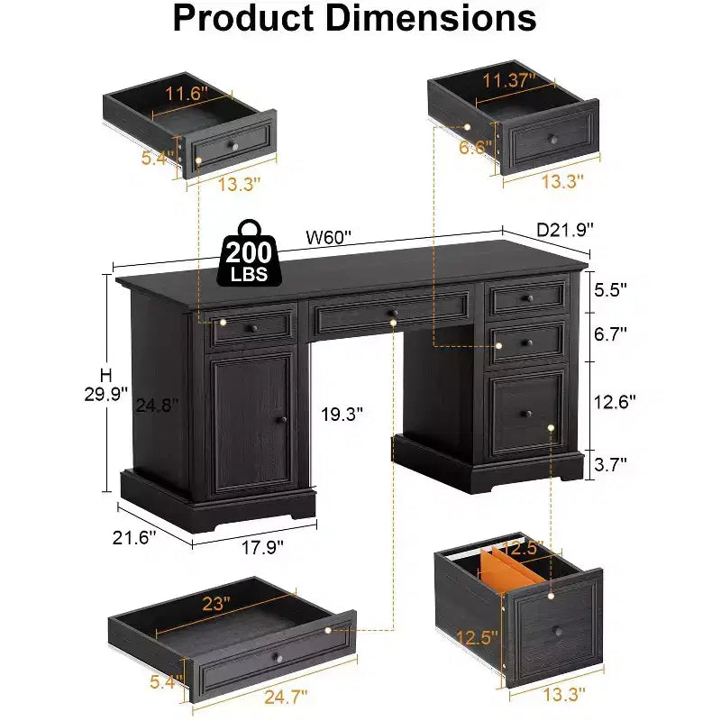 Exekutiv-Schreibtisch im Landhausstil mit Schubladen und Aktenschrank, Schreibtisch aus Holz mit geprägter Textur fürs Homeoffice, Schwarz/Braun/Weiß und Braun