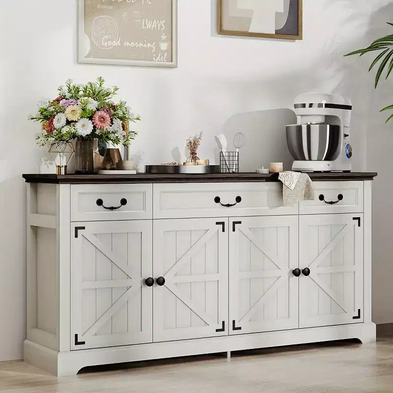 Exekutiv-Schreibtisch im Landhausstil mit Schubladen und Aktenschrank, Schreibtisch aus Holz mit geprägter Textur fürs Homeoffice, Schwarz/Braun/Weiß und Braun