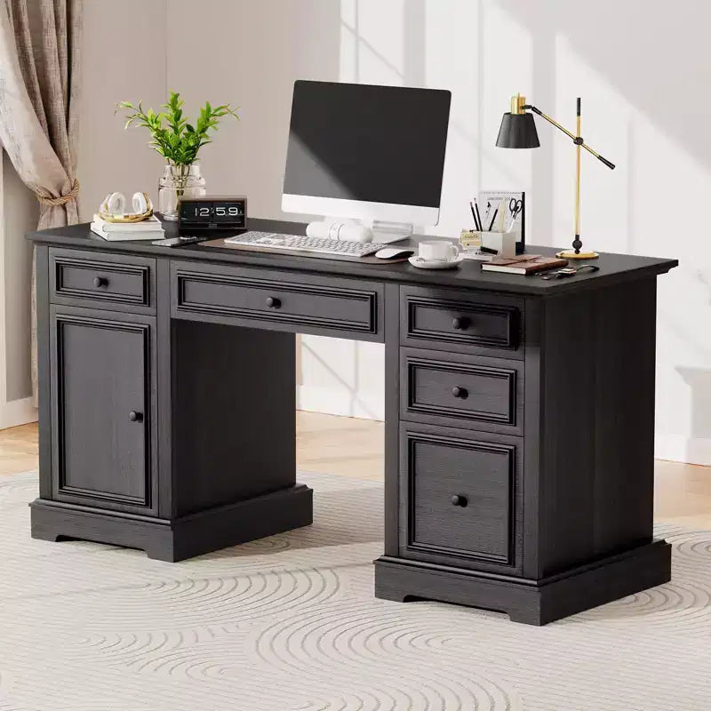 Exekutiv-Schreibtisch im Landhausstil mit Schubladen und Aktenschrank, Schreibtisch aus Holz mit geprägter Textur fürs Homeoffice, Schwarz/Braun/Weiß und Braun