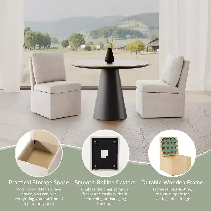 Sillas de comedor modernas sin brazos, tapizadas en chenilla y con ruedas (juego de 2), color topo
