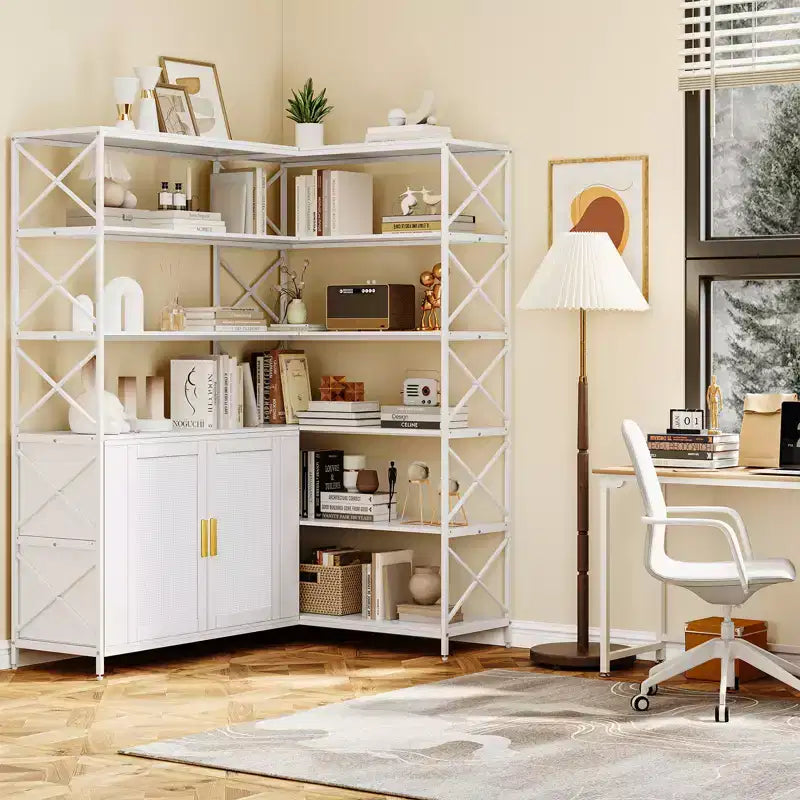 Bibliothèque d’angle - bibliothèque d’angle à 6 niveaux avec rangement, bibliothèque en L de style ferme avec armoire, bibliothèque moderne industrielle pour bureau à domicile