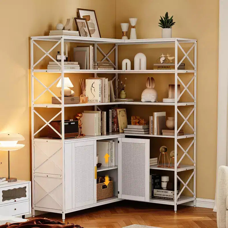 Bibliothèque d’angle - bibliothèque d’angle à 6 niveaux avec rangement, bibliothèque en L de style ferme avec armoire, bibliothèque moderne industrielle pour bureau à domicile
