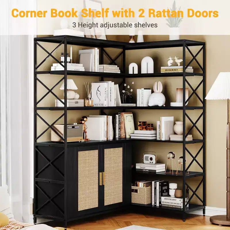 Estantería esquinera - Librería esquinera de 6 niveles con almacenamiento, estantería en forma de L estilo granja con armario, librería industrial moderna para oficina en casa