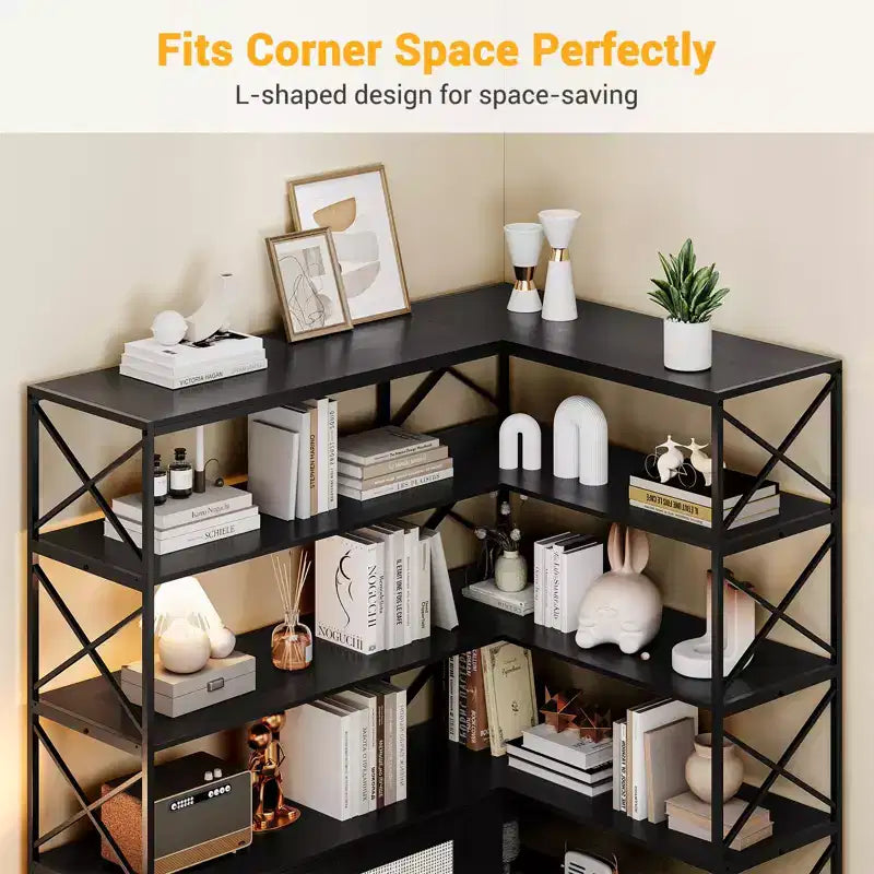 Estantería esquinera - Librería esquinera de 6 niveles con almacenamiento, estantería en forma de L estilo granja con armario, librería industrial moderna para oficina en casa