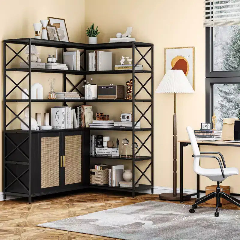 Estantería esquinera - Librería esquinera de 6 niveles con almacenamiento, estantería en forma de L estilo granja con armario, librería industrial moderna para oficina en casa
