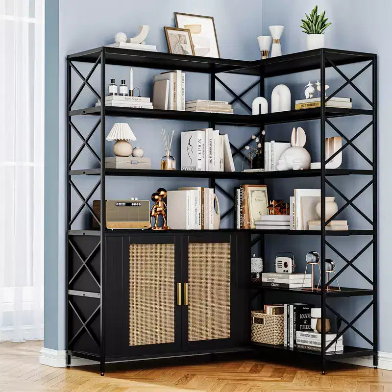 Estantería esquinera - Librería esquinera de 6 niveles con almacenamiento, estantería en forma de L estilo granja con armario, librería industrial moderna para oficina en casa
