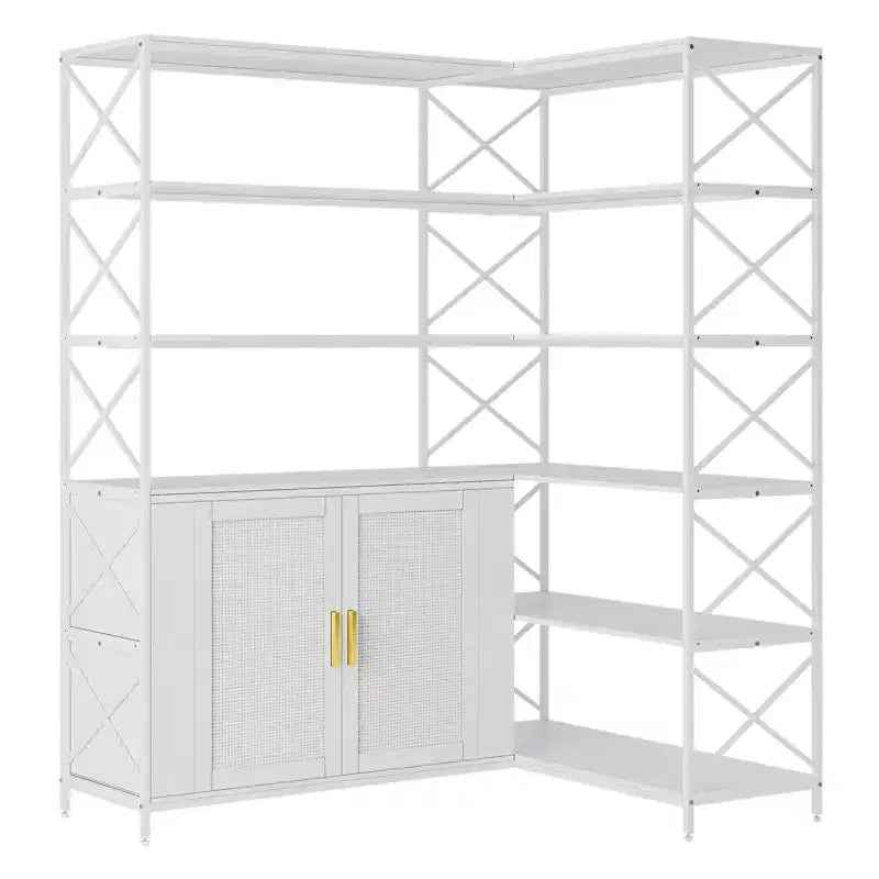 Estantería esquinera - Librería esquinera de 6 niveles con almacenamiento, estantería en forma de L estilo granja con armario, librería industrial moderna para oficina en casa