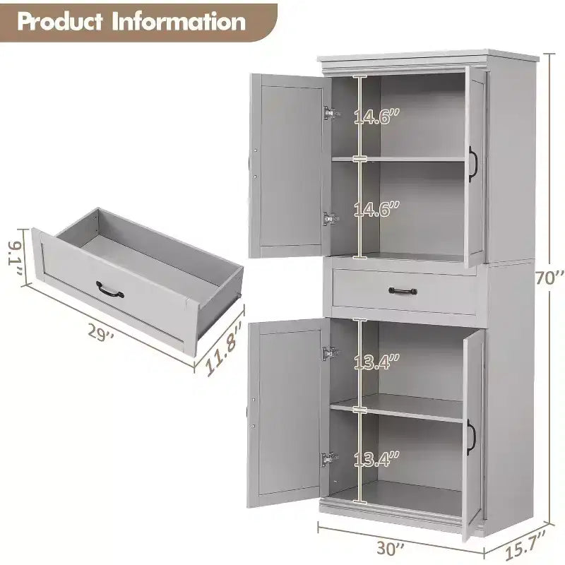 Meubles de rangement de cuisine hauts de 70 avec 4 portes et 2 étagères réglables, placard moderne en bois, meuble de rangement de cuisine haut autoportant