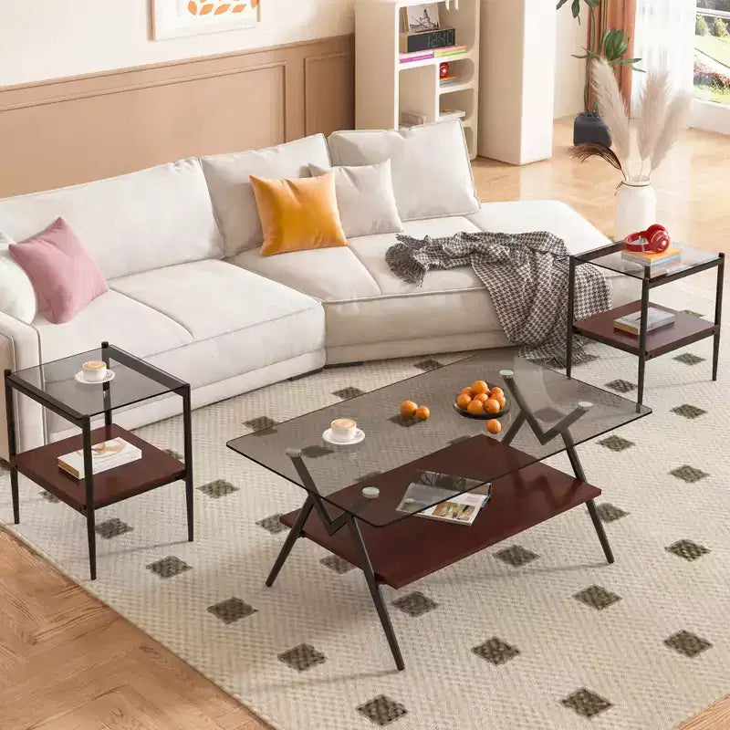 Coffee Table and End tables Set of 3, Tempered Glass Table with MDF layer, Modern Tables for Living Room , Gray Glass