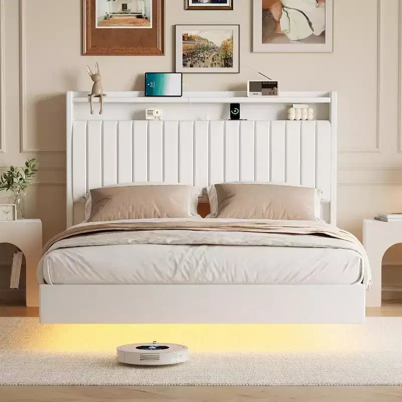 Schwebender Bettrahmen in Queensize mit LED-Beleuchtung und Ladestation, Plattformbett mit PU-Lederbezug, modernes platzsparendes Design, Eisenrahmen