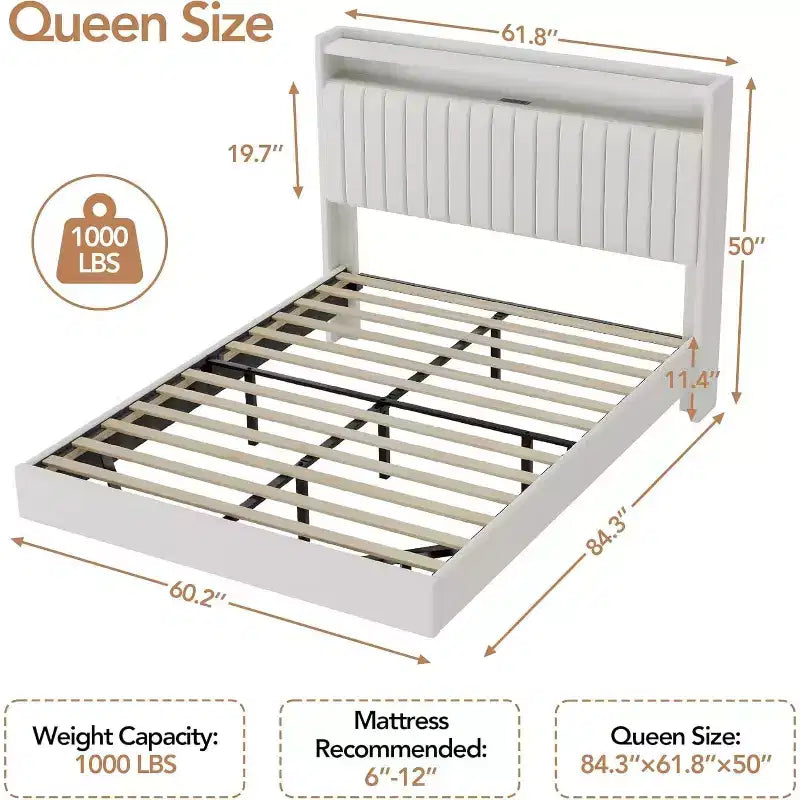 Schwebender Bettrahmen in Queensize mit LED-Beleuchtung und Ladestation, Plattformbett mit PU-Lederbezug, modernes platzsparendes Design, Eisenrahmen