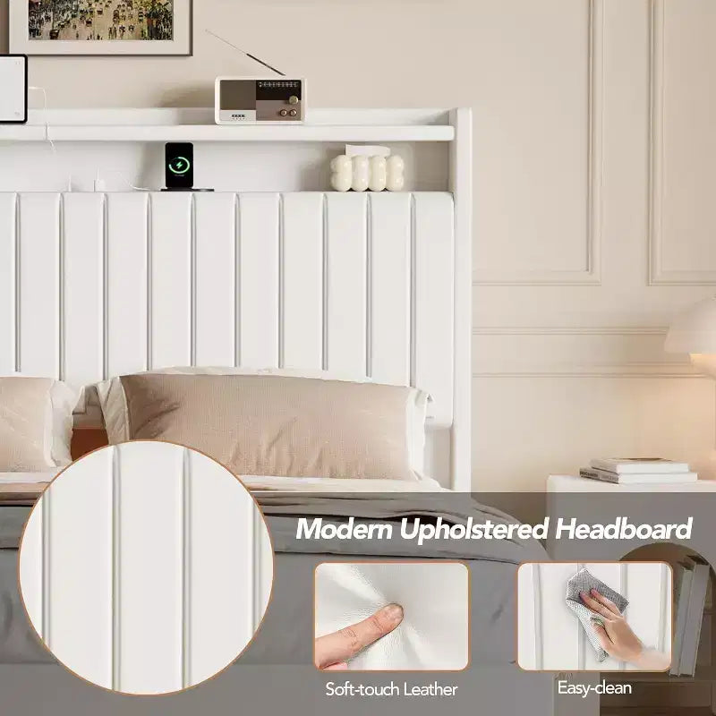 Schwebender Bettrahmen in Queensize mit LED-Beleuchtung und Ladestation, Plattformbett mit PU-Lederbezug, modernes platzsparendes Design, Eisenrahmen