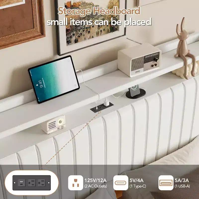 Schwebender Bettrahmen in Queensize mit LED-Beleuchtung und Ladestation, Plattformbett mit PU-Lederbezug, modernes platzsparendes Design, Eisenrahmen