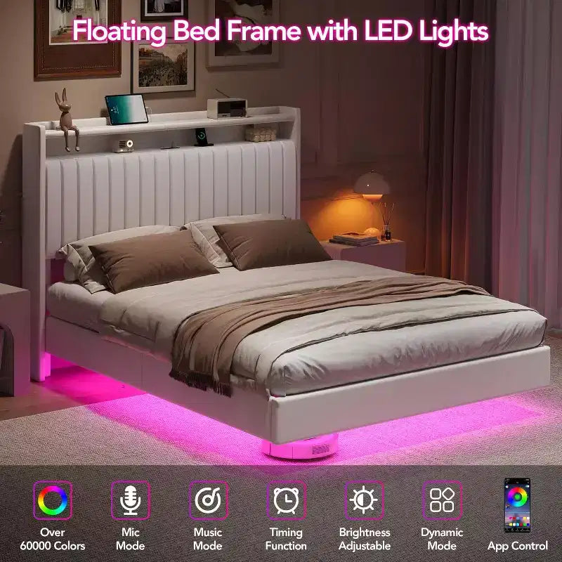 Schwebender Bettrahmen in Queensize mit LED-Beleuchtung und Ladestation, Plattformbett mit PU-Lederbezug, modernes platzsparendes Design, Eisenrahmen