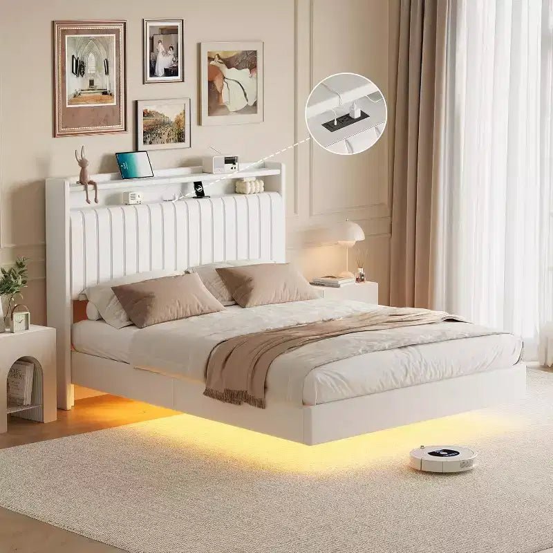 Schwebender Bettrahmen in Queensize mit LED-Beleuchtung und Ladestation, Plattformbett mit PU-Lederbezug, modernes platzsparendes Design, Eisenrahmen