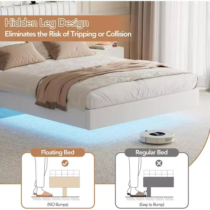 Schwebender Bettrahmen in Queensize mit LED-Beleuchtung und Ladestation, Plattformbett mit PU-Lederbezug, modernes platzsparendes Design, Eisenrahmen
