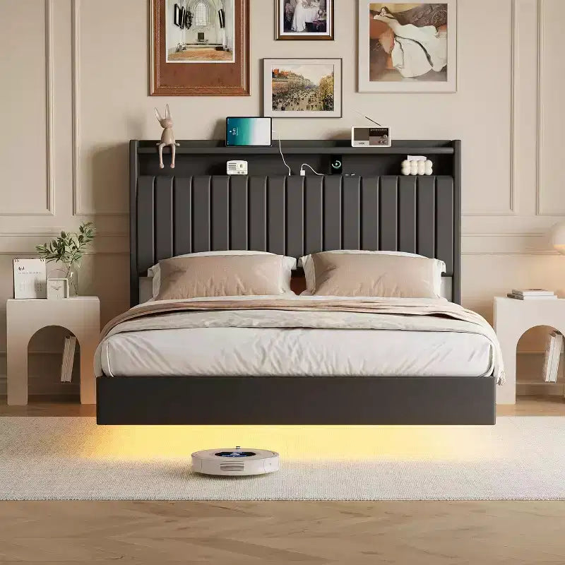 Cadre de lit flottant Queen avec éclairage LED et station de recharge, plateforme rembourrée en similicuir PU, design moderne peu encombrant, cadre en fer