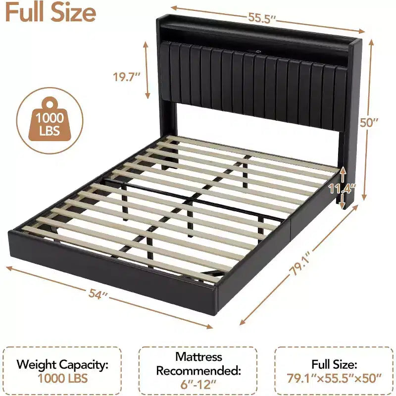 Schwebender Bettrahmen in Queensize mit LED-Beleuchtung und Ladestation, Plattformbett mit PU-Lederbezug, modernes platzsparendes Design, Eisenrahmen