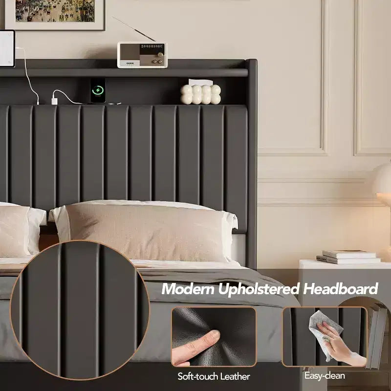 Cadre de lit flottant Queen avec éclairage LED et station de recharge, plateforme rembourrée en similicuir PU, design moderne peu encombrant, cadre en fer