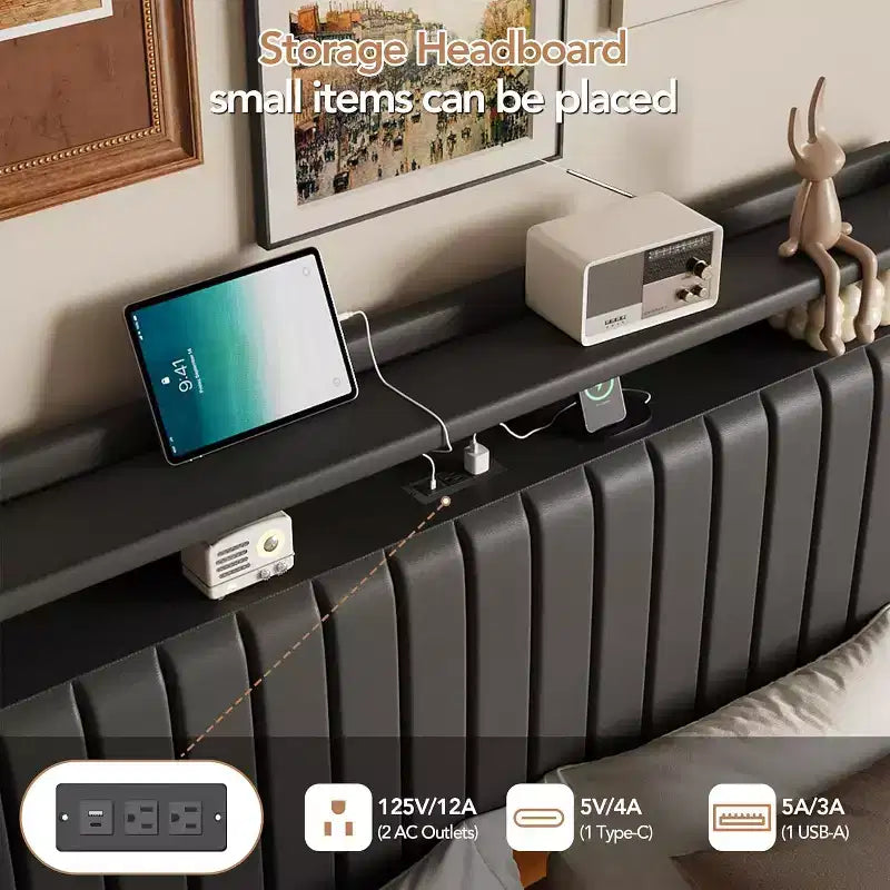 Schwebender Bettrahmen in Queensize mit LED-Beleuchtung und Ladestation, Plattformbett mit PU-Lederbezug, modernes platzsparendes Design, Eisenrahmen