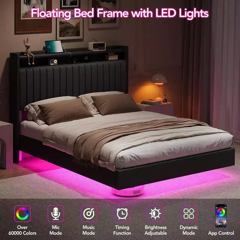 Schwebender Bettrahmen in Queensize mit LED-Beleuchtung und Ladestation, Plattformbett mit PU-Lederbezug, modernes platzsparendes Design, Eisenrahmen
