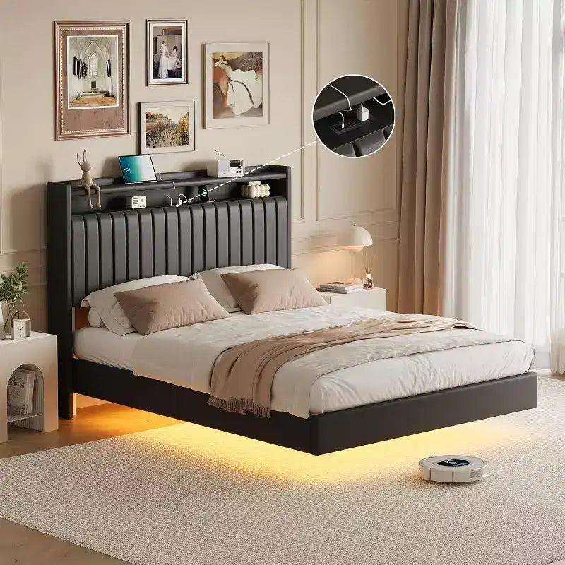Cadre de lit flottant Queen avec éclairage LED et station de recharge, plateforme rembourrée en similicuir PU, design moderne peu encombrant, cadre en fer