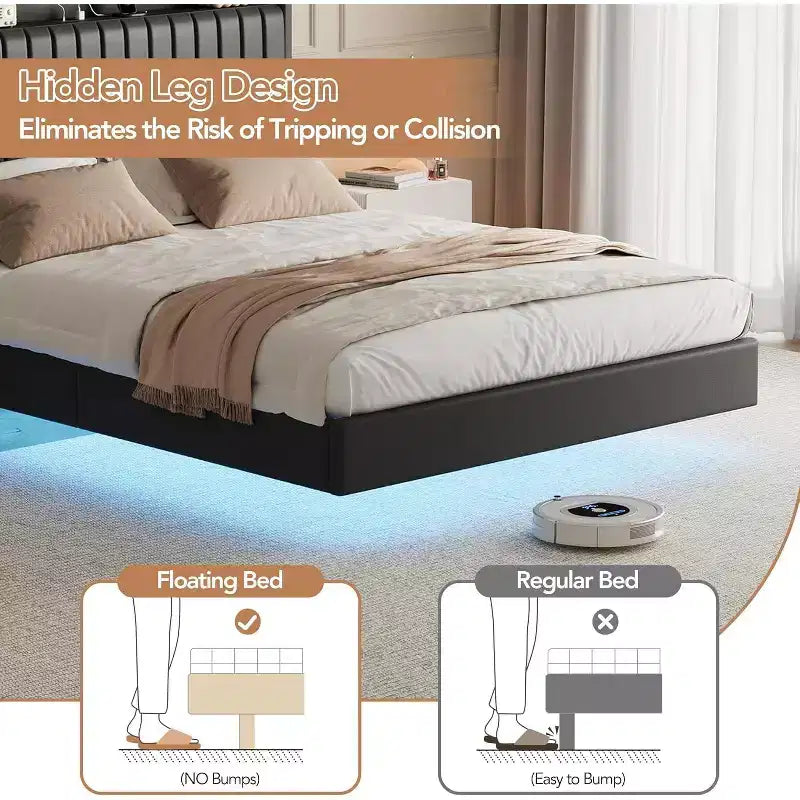 Schwebender Bettrahmen in Queensize mit LED-Beleuchtung und Ladestation, Plattformbett mit PU-Lederbezug, modernes platzsparendes Design, Eisenrahmen