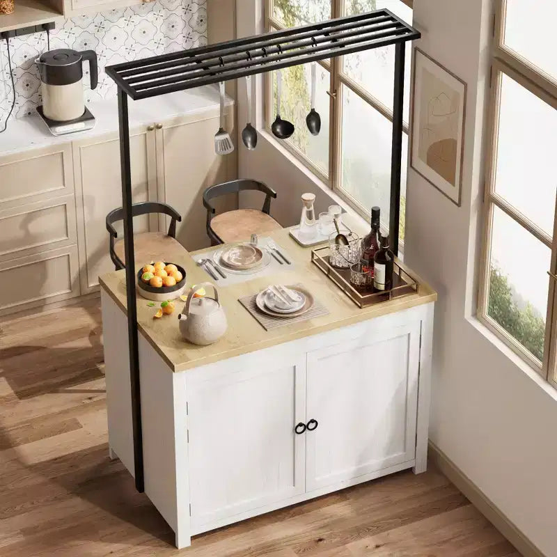 41 Kücheninsel mit Stauraum, 1.2 Arbeitsplatte, strapazierfähiger, multifunktionaler Küchenwagen mit 2 Ablagen, 5 Haken und Metall-Couchtisch für die Kaffeebar