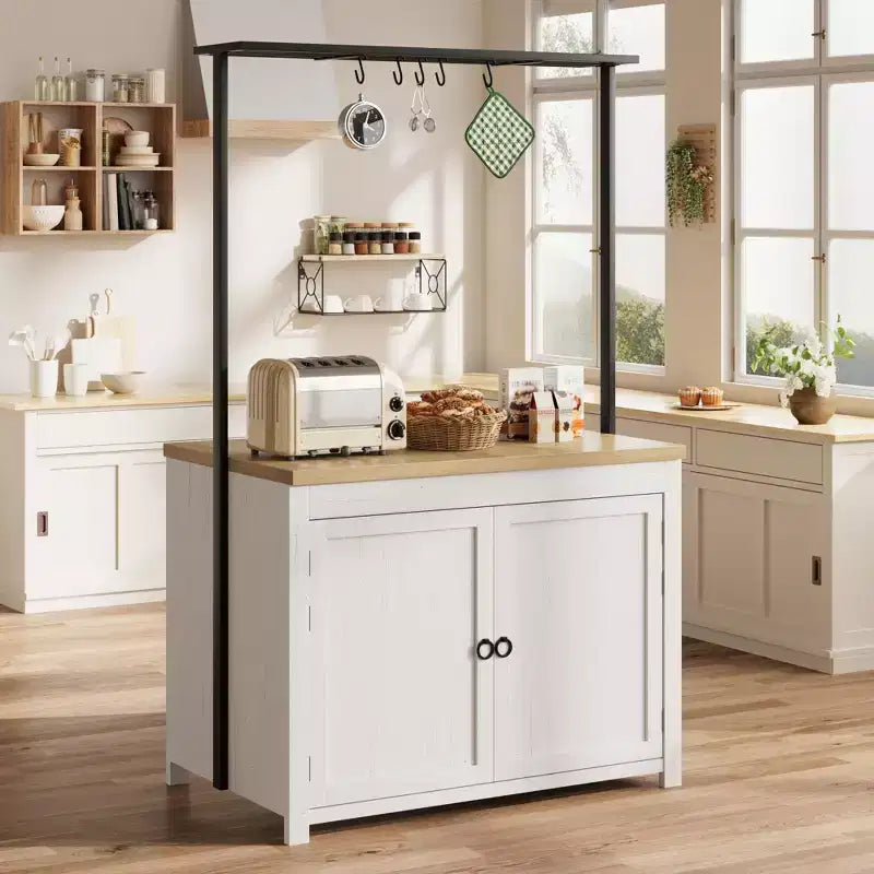 41 Kücheninsel mit Stauraum, 1.2 Arbeitsplatte, strapazierfähiger, multifunktionaler Küchenwagen mit 2 Ablagen, 5 Haken und Metall-Couchtisch für die Kaffeebar