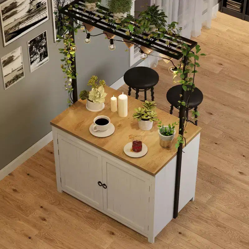 41 Kücheninsel mit Stauraum, 1.2 Arbeitsplatte, strapazierfähiger, multifunktionaler Küchenwagen mit 2 Ablagen, 5 Haken und Metall-Couchtisch für die Kaffeebar