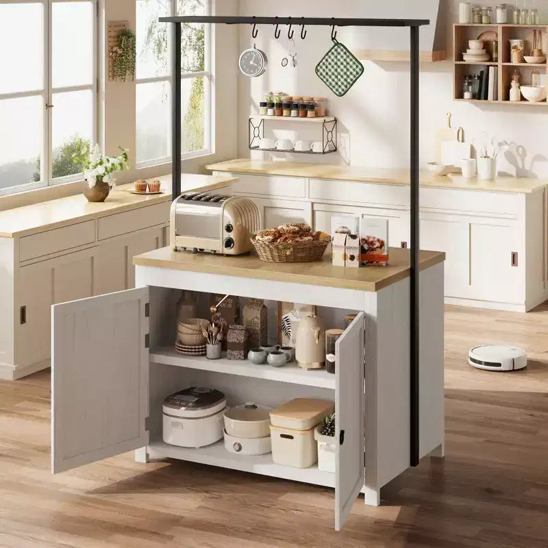41 Kücheninsel mit Stauraum, 1.2 Arbeitsplatte, strapazierfähiger, multifunktionaler Küchenwagen mit 2 Ablagen, 5 Haken und Metall-Couchtisch für die Kaffeebar