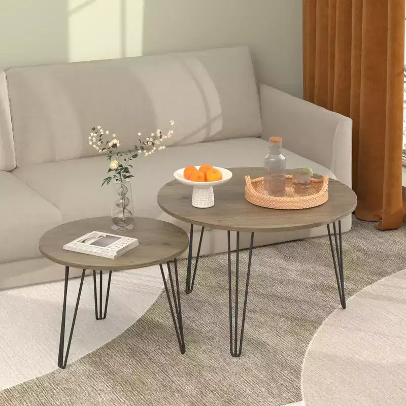 Rundes Satztisch-Set, 27.56, 2-teilig, Tischplatten in rustikaler Holzoptik, stabiles Metallgestell, platzsparende Beistelltische
