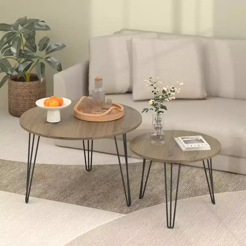 Rundes Satztisch-Set, 27.56, 2-teilig, Tischplatten in rustikaler Holzoptik, stabiles Metallgestell, platzsparende Beistelltische