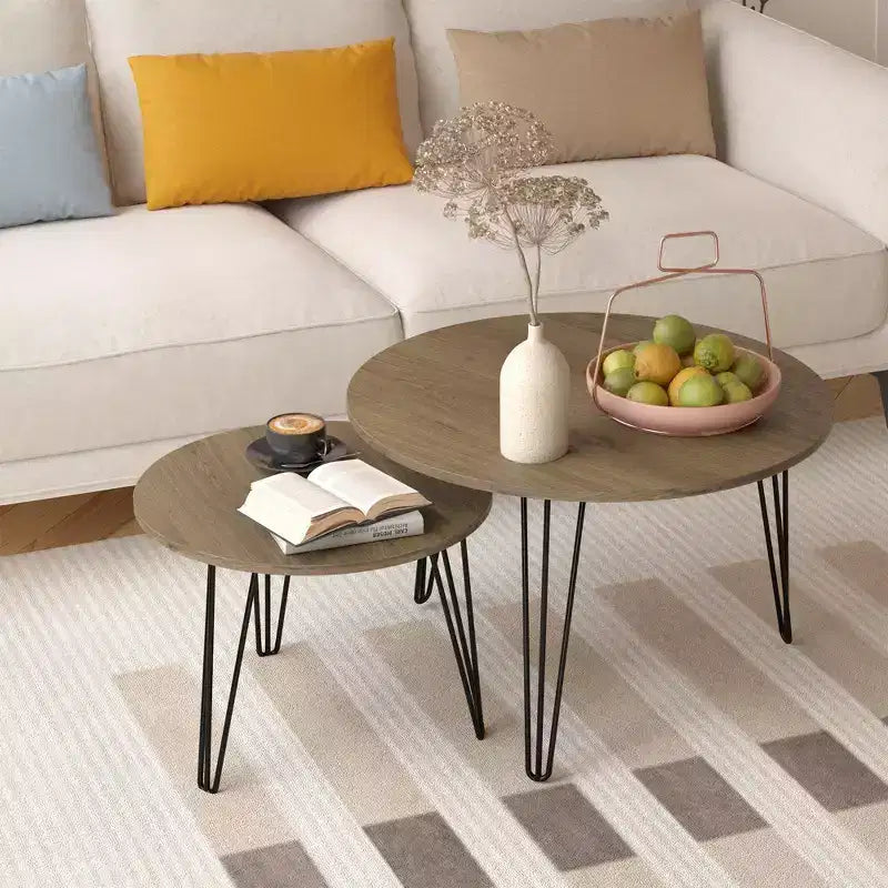 Rundes Satztisch-Set, 27.56, 2-teilig, Tischplatten in rustikaler Holzoptik, stabiles Metallgestell, platzsparende Beistelltische
