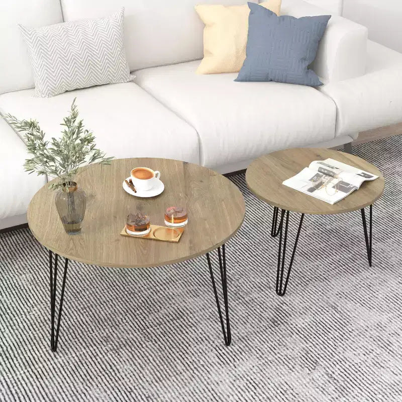 Rundes Satztisch-Set, 27.56, 2-teilig, Tischplatten in rustikaler Holzoptik, stabiles Metallgestell, platzsparende Beistelltische