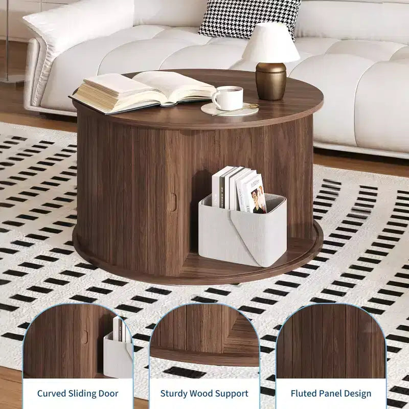 Runder Couchtisch im Mid-Century-Modern-Stil, 28, geriffeltes Design mit Stauraum hinter Schiebetür, ideal fürs Wohnzimmer (1er-Pack)