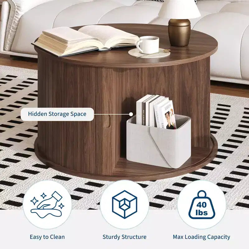 Runder Couchtisch im Mid-Century-Modern-Stil, 28, geriffeltes Design mit Stauraum hinter Schiebetür, ideal fürs Wohnzimmer (1er-Pack)