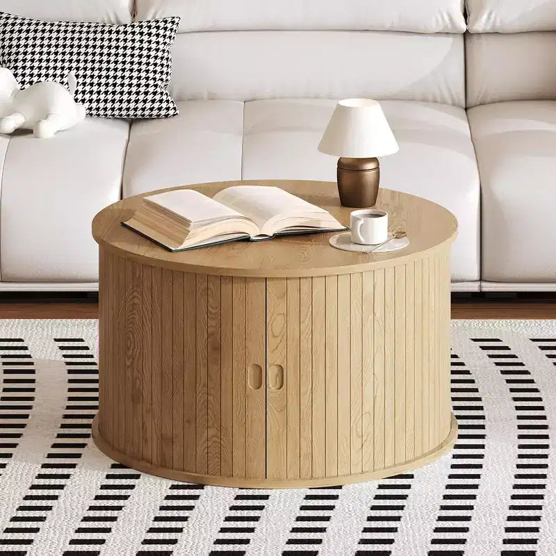 Runder Couchtisch im Mid-Century-Modern-Stil, 28, geriffeltes Design mit Stauraum hinter Schiebetür, ideal fürs Wohnzimmer (1er-Pack)