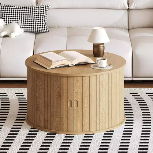 Table basse ronde de 28 au style moderne du milieu du siècle, design cannelé avec rangement à porte tambour coulissante, idéale pour le salon (lot de 1)