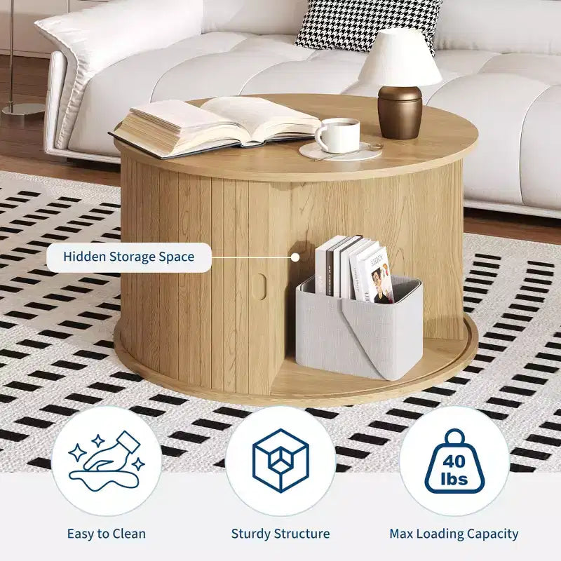 Runder Couchtisch im Mid-Century-Modern-Stil, 28, geriffeltes Design mit Stauraum hinter Schiebetür, ideal fürs Wohnzimmer (1er-Pack)