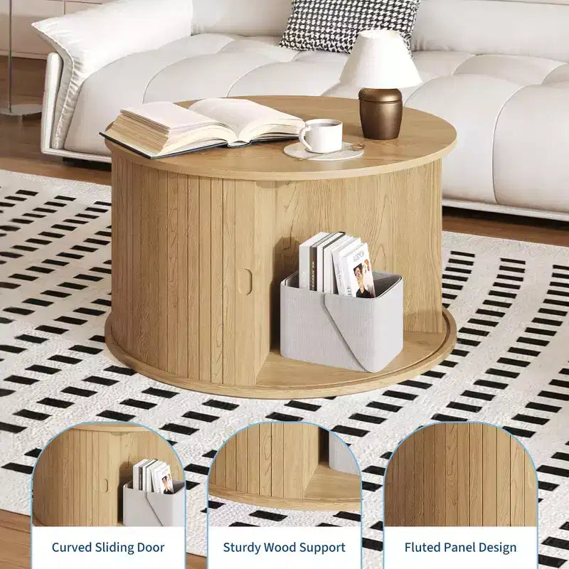 Runder Couchtisch im Mid-Century-Modern-Stil, 28, geriffeltes Design mit Stauraum hinter Schiebetür, ideal fürs Wohnzimmer (1er-Pack)