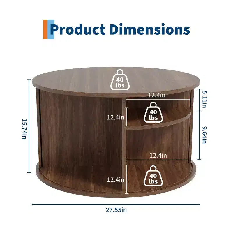 Runder Couchtisch im Mid-Century-Modern-Stil, 28, geriffeltes Design mit Stauraum hinter Schiebetür, ideal fürs Wohnzimmer (1er-Pack)